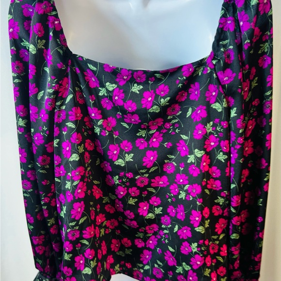 Leith Black Fuschia Floral Long Sleeve Button Up Elastic Shoulder‎ Blouse 1X - Picture 6 of 10